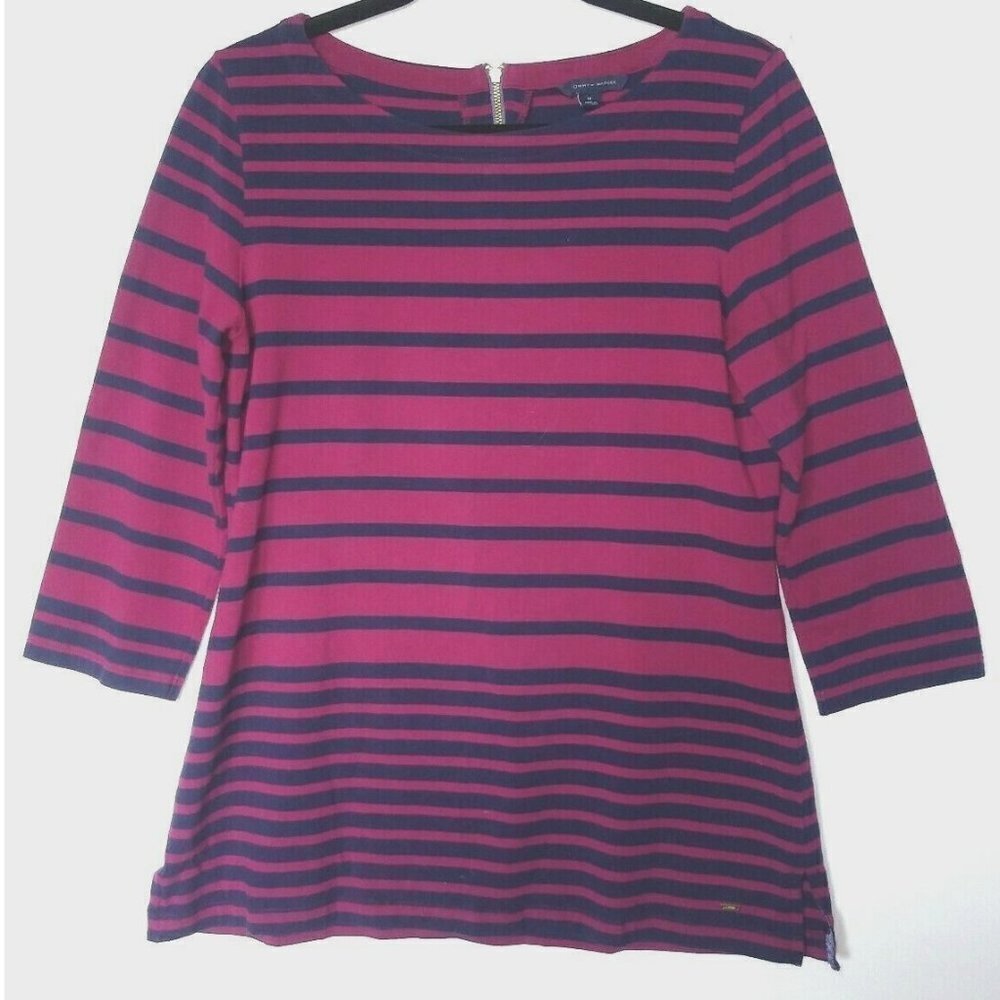 womens TOMMY HILFIGER Tunic top Sz M Nautical Striped Knit Maroon Navy blue 3/4